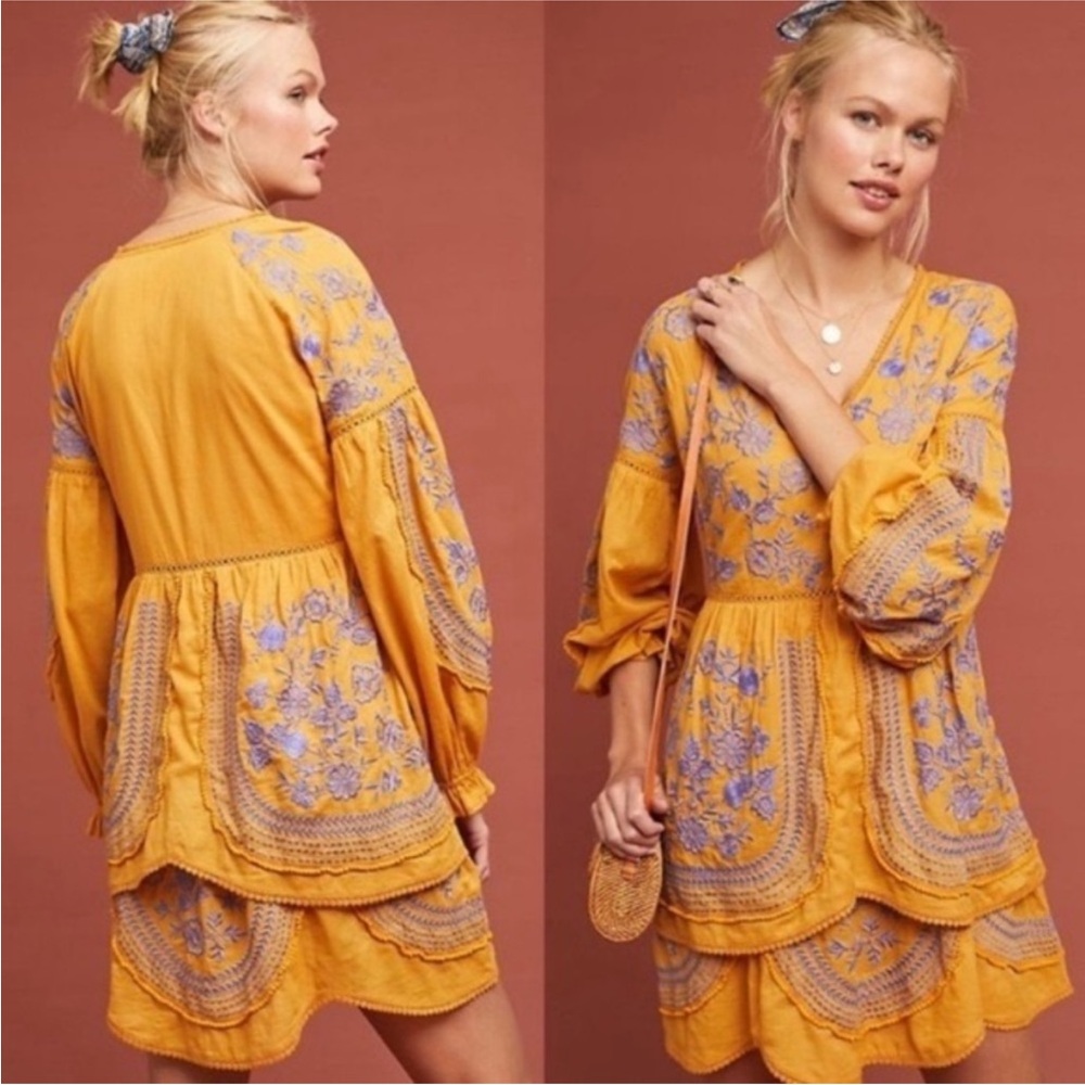 Anthropologie Mustard Yellow Mini Dress with Lavender Embroidery